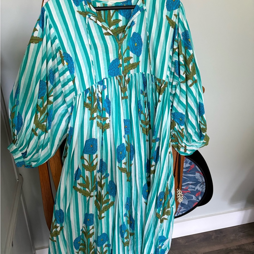 Striped Floral Dress with Blue and Green Accents